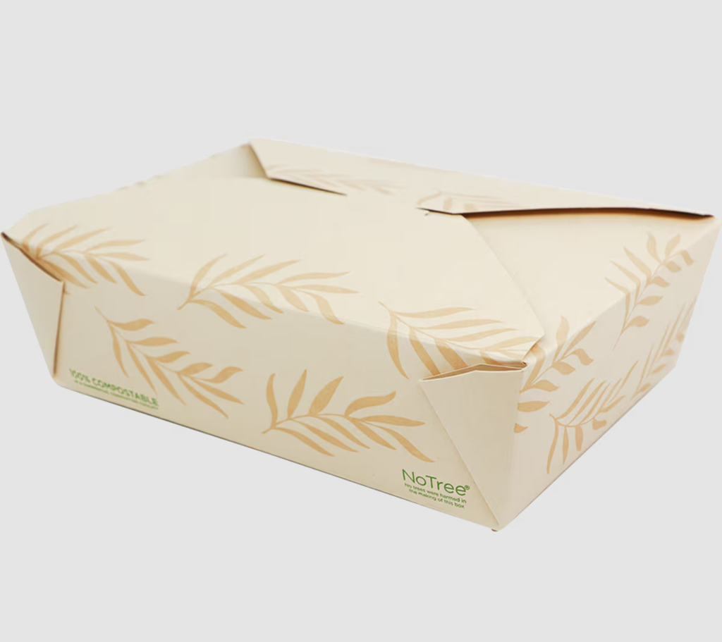 [004139-01] Fold-To-Go Container #3, Size: 8.7"x6.25"x2.5", Capacity: 65 oz, Color: Natural, Material: Tree Free Unbleached Bamboo Paper, Certified Compostable, 200/cs