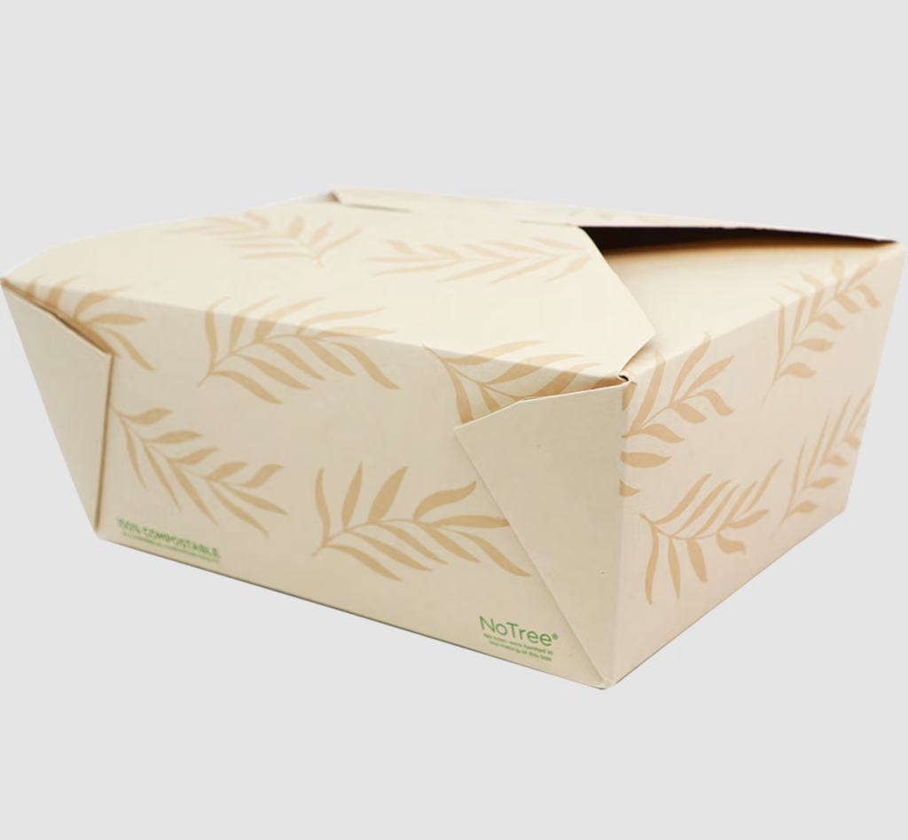 [004140-01] Fold-To-Go Container #4, Size: 8.7"x6.5"x3.5", Capacity: 95 oz, Color: Natural, Material: Tree Free Unbleached Bamboo Paper, Certified Compostable, 160/cs