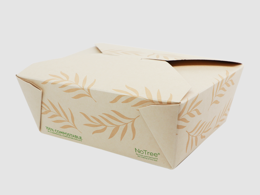 Fold-To-Go Container #8, Size: 6.9"x5.5"x2.5", Capacity: 46 oz, Color: Natural, Material: Tree Free Unbleached Bamboo Paper, Certified Compostable, 300/cs