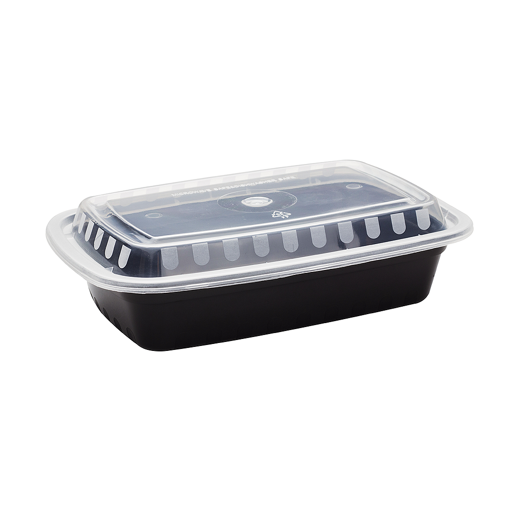 24 oz PP Injection Molded Microwaveable Black Food Containers w/clear lids, RECTANGULAR, 7.75"x5.5"x1.6", 150 sets/cs