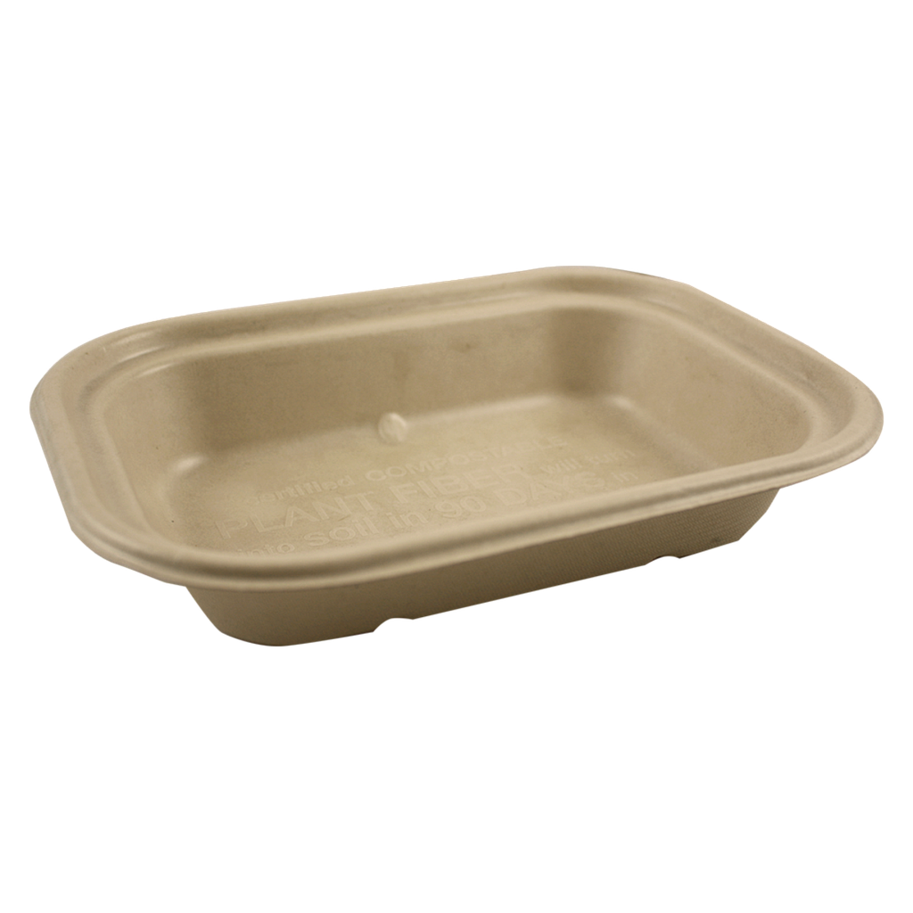17 oz Fiber Tray, Size: 8"x6"x1.5", Material: Unbleached plant fiber w/ PLA lining, Color: Natural, Compostable, 400/cs