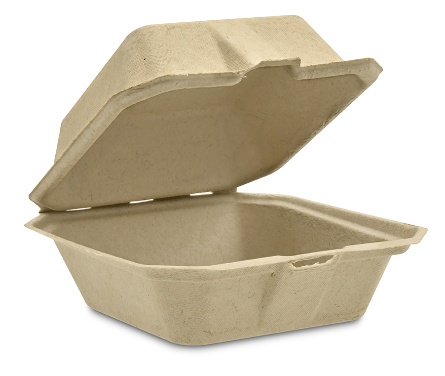 Take-Out Container, Hinged, 6"x6", Compostable, Kosher Certified, Chlorine-free Natural Sugarcane, Kraft, 400/cs, Made in USA