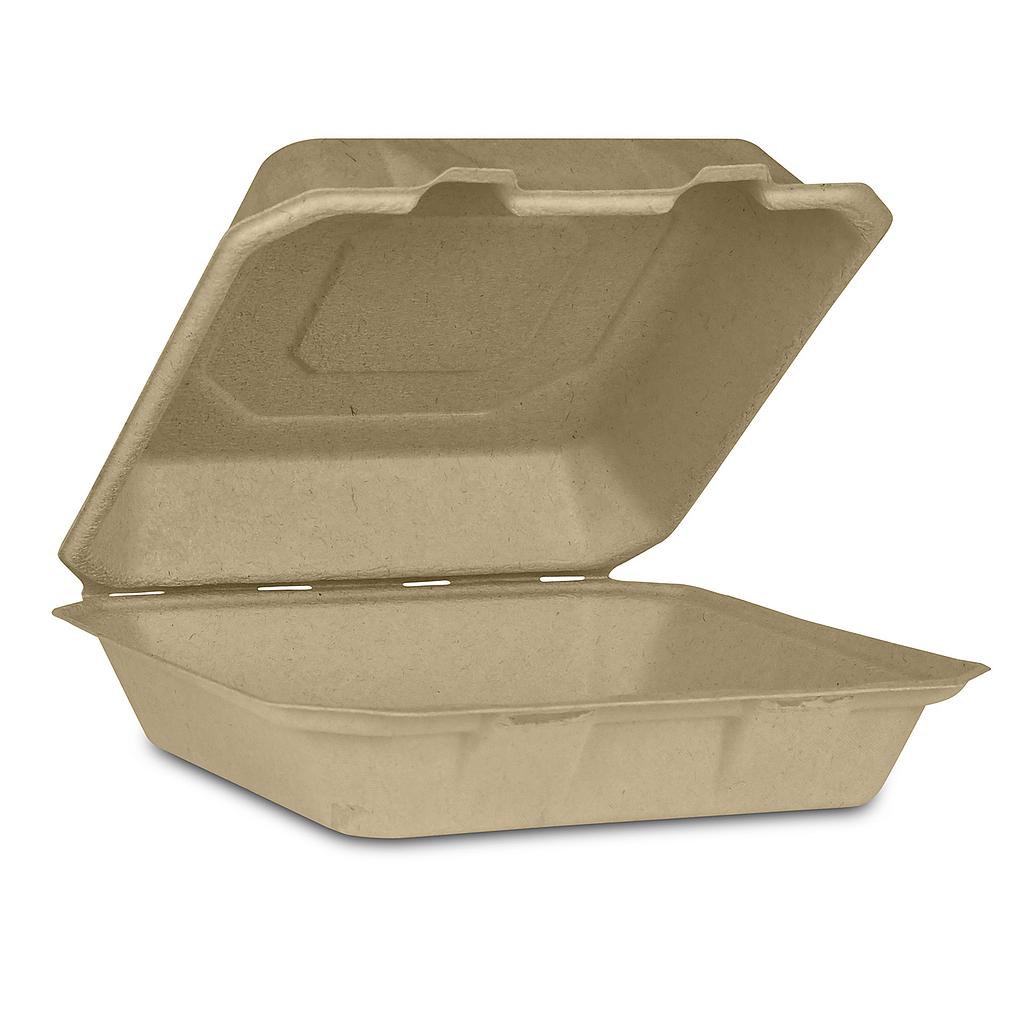 Take-Out Container, Hinged, 8"x8", Compostable, Kosher Certified, Chlorine-free Natural Sugarcane, Kraft, 200/cs, Made in USA