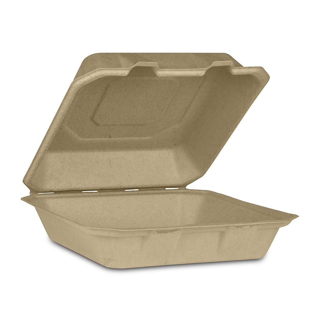 Take-Out Container, Hinged, 9"x9", Compostable, Kosher Certified, Chlorine-free Natural Sugarcane, Kraft, 200/cs, Made in USA