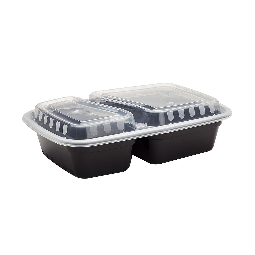 30 oz PP Injection Molded Microwaveable Black Food Containers w/clear lids, RECTANGULAR, 2-compartment, 8.8"x6.1"x1.9" (Karat, 150sets/ctn)