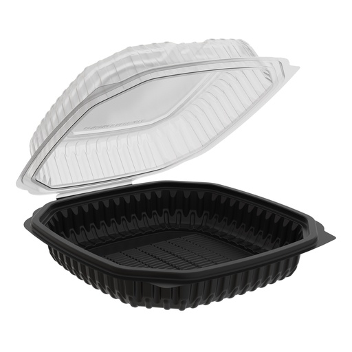 [004236-03] Microwaveable Hinged Vented Container BLK/CLR Poly Pro, 1 Compartment, Size: 47.5 oz; 10.5"x9.5"x3"H, 100/cs