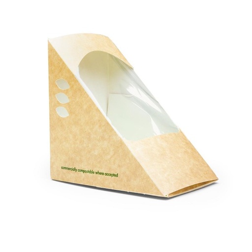 [004245-30] *SPECIAL ORDER ITEM* Triple Sandwich Wedge Box, 3.3” Wide, Compostable, Sustainable Paperboard, PLA Window, Brown Kraft w/Green Stripe, 500/cs, Special Order Item, Non-Refundable, 4 week lead time, 18.3lb