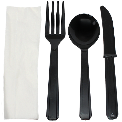 [007002-02] Combo, Fork, knife, soup spoon & white 1-ply napkin cutlery kit, Color: Black, Heavy Weight, 250 kits/cs