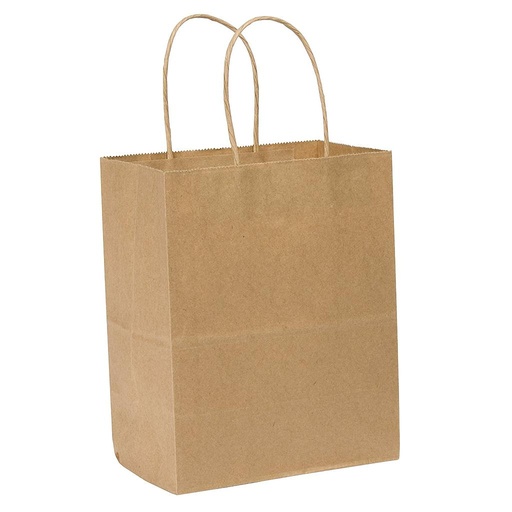 [008019-03] Paper Bag with Handles, Size: 8"x4.5"x10.25", Color: Kraft, Compostable, Material: 100% Recycled Paper (Minimum 60% Post-Consumer Content), 250/cs