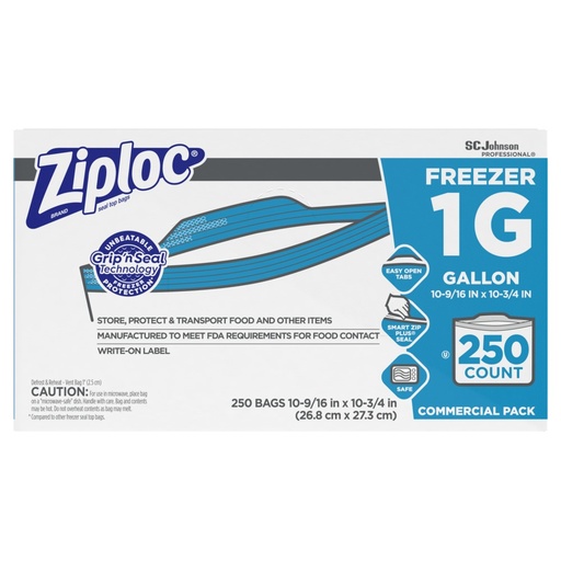 [016035-03] ZIPLOC Freezer Food Storage Bag, Size: 1 Gallon, Material: Plastic, 2.7 Mil, Color: Clear with Write-On ID Labels, 250/Cs