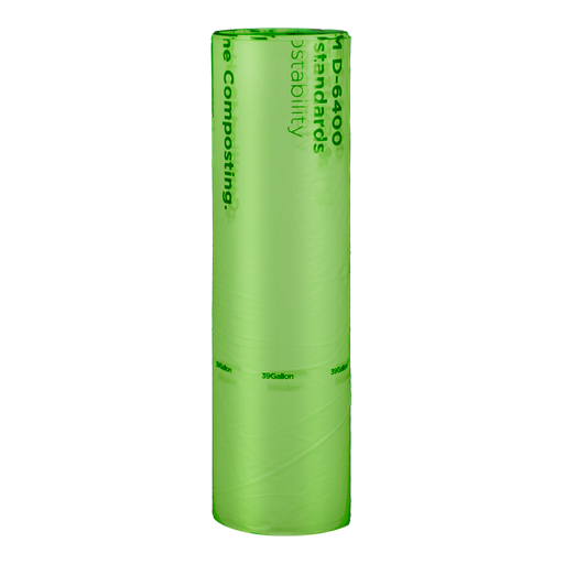 [017025-01] Can Liner, 35"x43", 1 mil, Color: Green with Black Print, 39 Gallon Trash Bag, Compostable, 100/cs