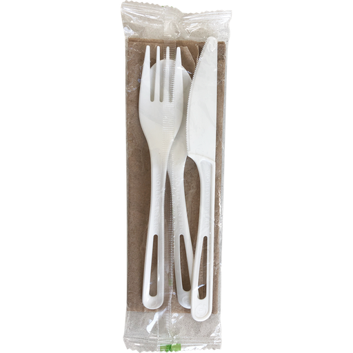 [007057-01] 6" Ribbed Cutlery Kit: (Fork, Knife, Spoon, Napkin) ,TPLA, BPI Certified Compostable, Color: White, 250/cs