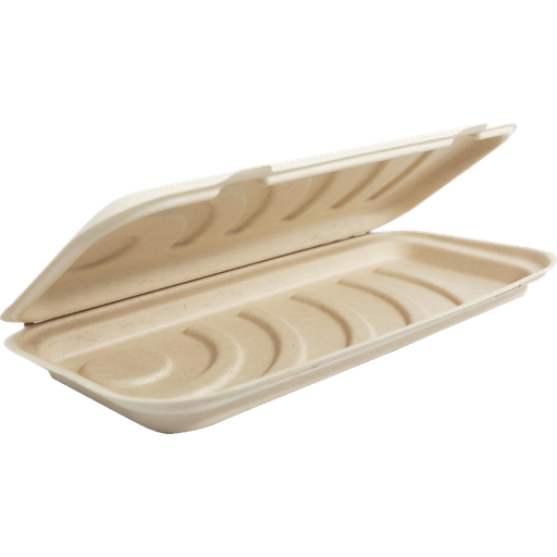 [004265-01] Flat Bread/Pizza Box Take-Out Container, Hinged, Size: 13.7”x6.6”x1.25”H, Material: bamboo and unbleached plant fiber, Compostable, 200/cs