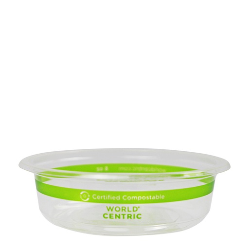 [004055-01] 8 oz Round Deli Container, Material: PLA, Color: Clear with green stripe, Certified Compostable, 1000/cs