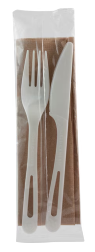 [007058-01] *SPECIAL ORDER ITEM* Cutlery Kit: (Fork, Knife, Napkin), Compostable (including wrapper), Material: TPLA (PLA polymer made from plants, Talc mineral filler & Post Consumer Recycled Paper), Size: 6", Color: White utensils with Kraft napkin, 500/cs *ESTIMATED DELIVERY 8 TO 10 WEEKS* (NOT RETURNABLE)