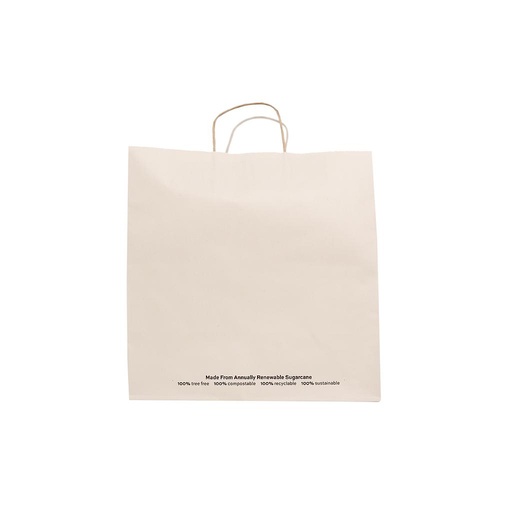 [103010] EAT DRINK CLEAN ECO Sugarcane Paper Bag with Handles, Size: 13"x7"x13"H, Compostable, Recyclable, Color: Off-White Natural, Material: Tree Free Sugarcane Fiber, 250/cs
