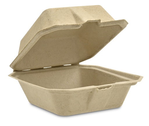 [004174-47] Take-Out Container, Hinged, 6"x6", Compostable, Kosher Certified, Chlorine-free Natural Sugarcane, Kraft, 400/cs, Made in USA
