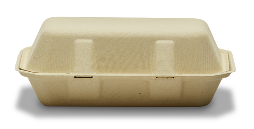[004181-47] Take-Out Container, Hinged, 9"x6", Compostable, Kosher Certified, Chlorine-Free Natural Sugarcane, Kraft, 200/cs, Made in USA