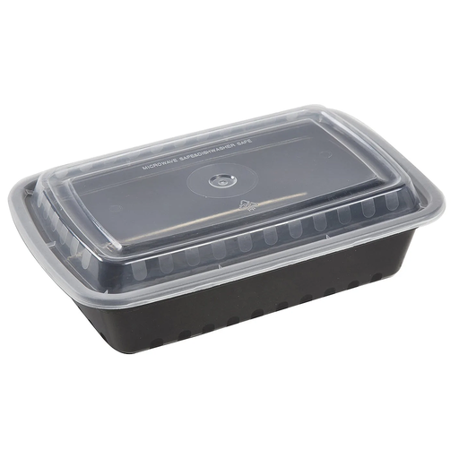 [004182-08] 32 oz Microwaveable Black Food Containers with Clear Lid, Rectangular; 8.75"x6"x1.8", Freezer & Dishwasher Safe, 150 sets/cs