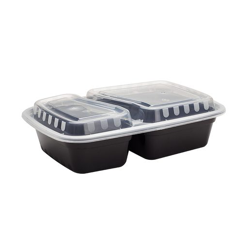 [004201-02] 30 oz PP Injection Molded Microwaveable Black Food Containers w/clear lids, RECTANGULAR, 2-compartment, 8.8"x6.1"x1.9", 150 sets/cs