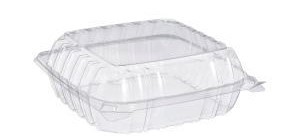 [004222-03] Food Container with Hinged Lid, 1 Compartment, 8.3"X8.3"X3", Color: Clear, Material: OPS (Oriented Polystyrene), Container Base Capacity: 46 fl oz, 125 Containers/Bag; 2 Bags/Cs; 250 Containers/Cs