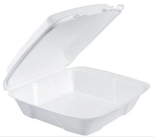 [004224-03] Food Container with Hinged Lid, 1 Compartment, 9 3/8"X9"X3", Color: White, Material: Foam, 100 Containers/Sleeve; 2 Sleeves/Cs; 200 Containers/Cs